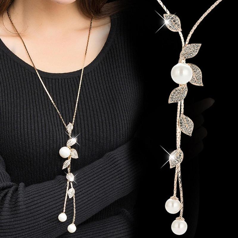 Ladies Fashion Faux Pearl Tassel Leaves Pendant Long Chain Sweater Necklace