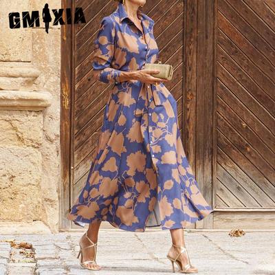 Women's Fashion Spring Autumn Print Long Sleeve POLO Neck High Waist Casual Dresses