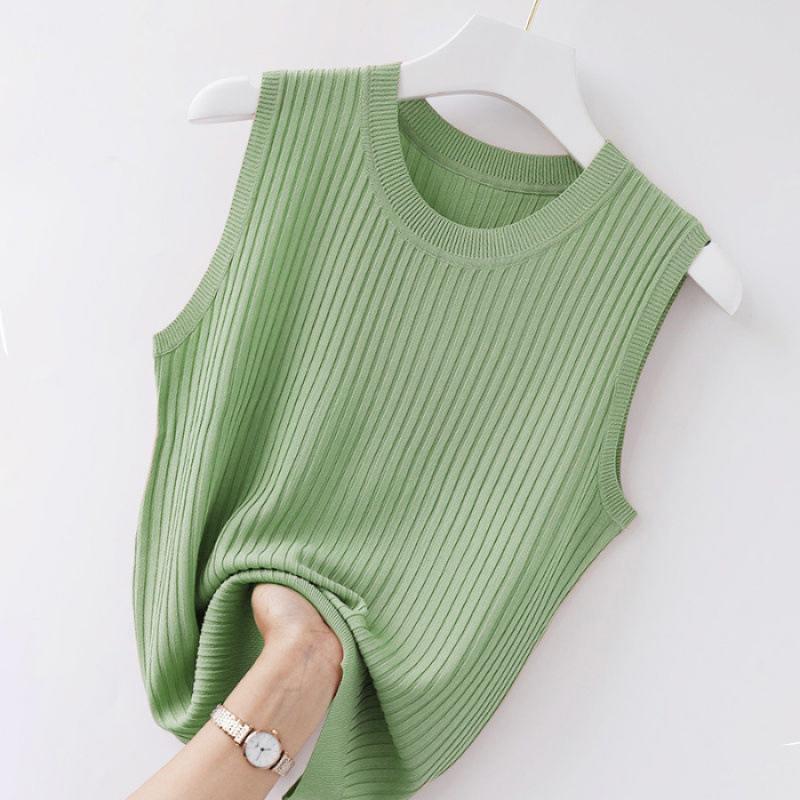 Gilet à bretelles femme printemps et été nouveau ajusté sans manches tricoté basique T-shirt à col rond élastique avec haut