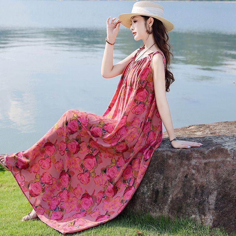 Fashion Floral Sleeveless Cotton Maxi Dress Summer Boho Style Casual Wear for Women