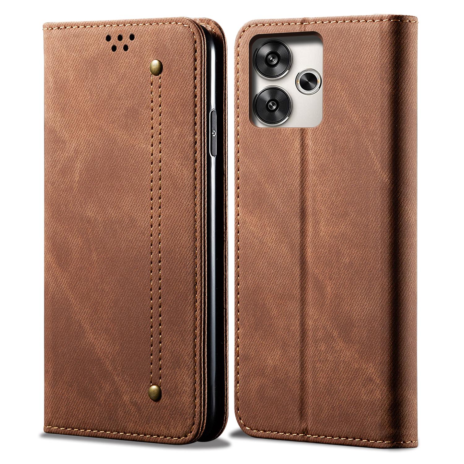 

For Xiaomi Redmi Turbo 3 5G/Poco F6 5G Wallet Phone Case Jeans Cloth Texture Leather Flip Cover Coffee