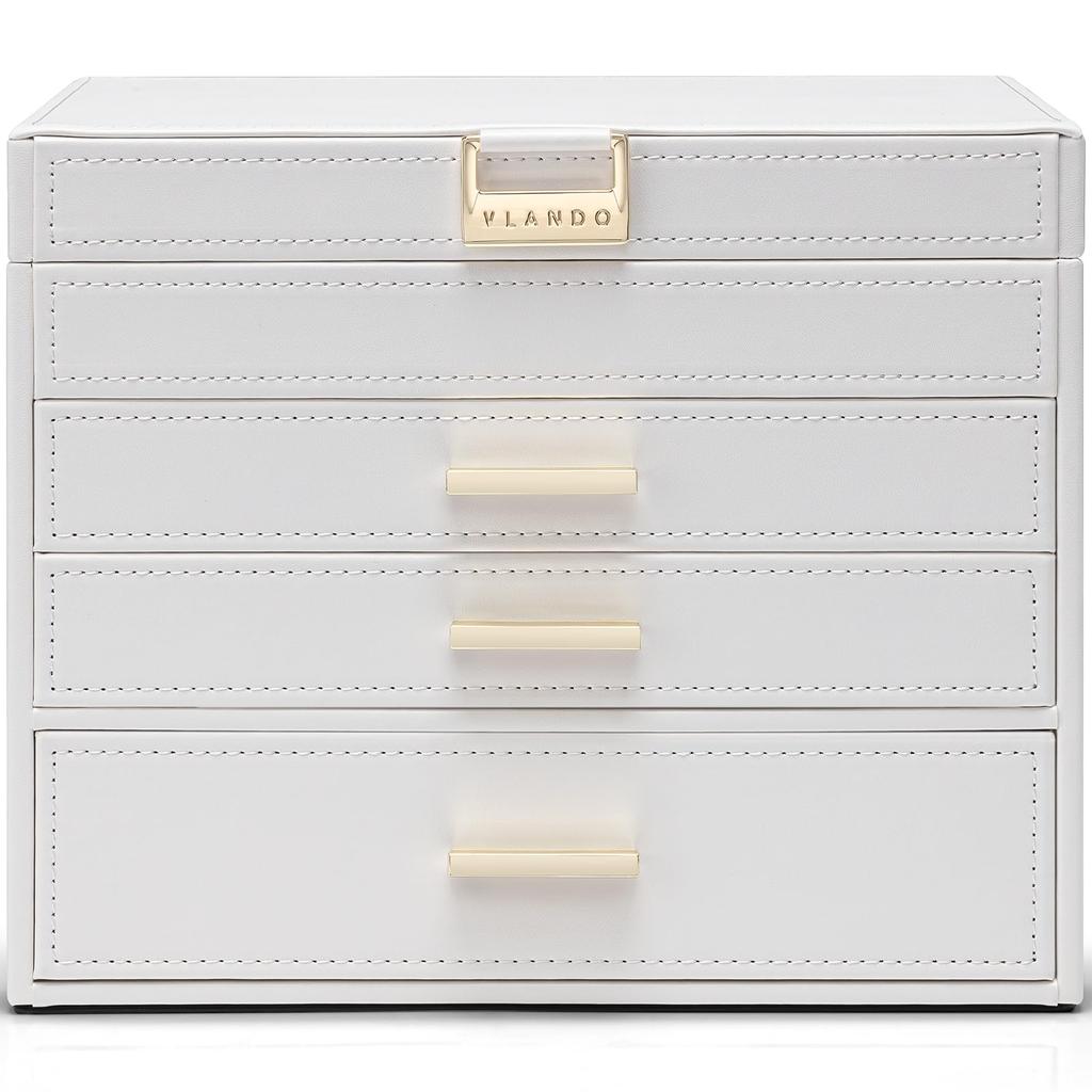 Vlando Large Capacity Jewelry Box with 4 Drawers for Small Items, Earrings, Necklaces, Rings, Watches, and More (White)