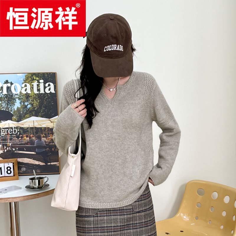 Hengyuanxiang Women's V-Neck Thick 100% Cashmere Sweater