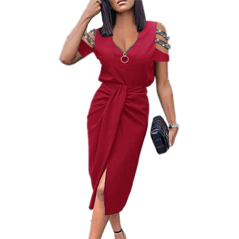 

Women s Sequin Hollow Short Sleeve Zip V-Neck Pleated Midi Dress Clothes Sale S красный