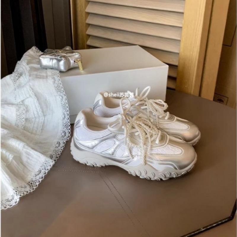 

! Shoes crescent bottom inner height increase lace pearl casual women 35 срібний