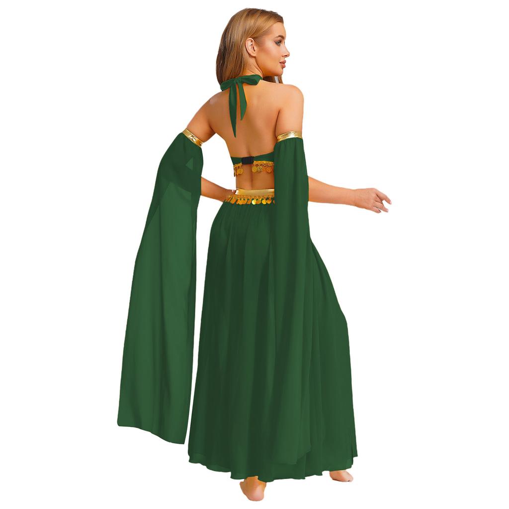 Damen Bauchtanz Kostüm Neckholder Schlüsselloch Vorne Crop Top Pailletten Saum Chiffon Rock Abnehmbare Ärmel Set