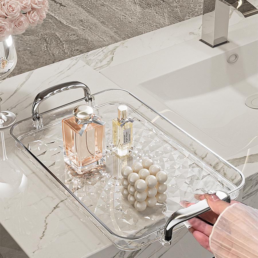 Clear Plastic Storage Tray Large Capacity Dessert Fruit Tray Plate Double Handle Jewelry Decorative Tray Home Kitchen Organizer