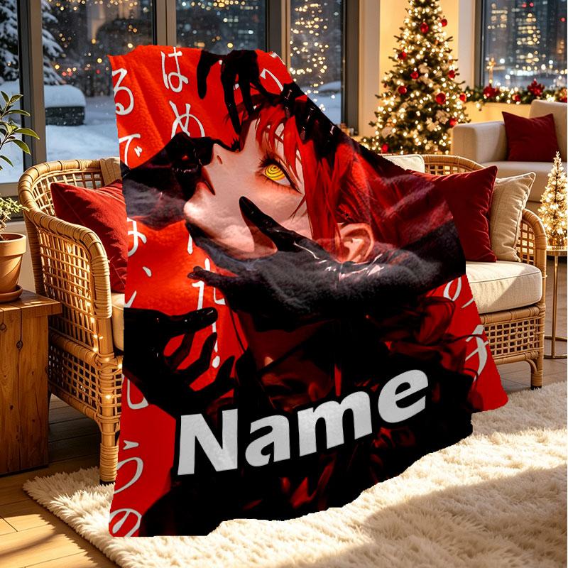 Custom Name Personalized Makima Chainsaw Man Print Blanket, Home Decor, Bedroom, Sofa, Camping, Couch, Gifts for Birthday Christmas