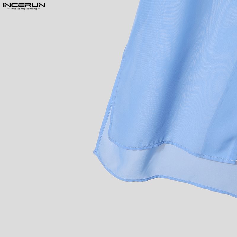 INCERUN Oversized Summer Men 3/4 Sleeve See Through Mesh Sheer Long Shirts Tops