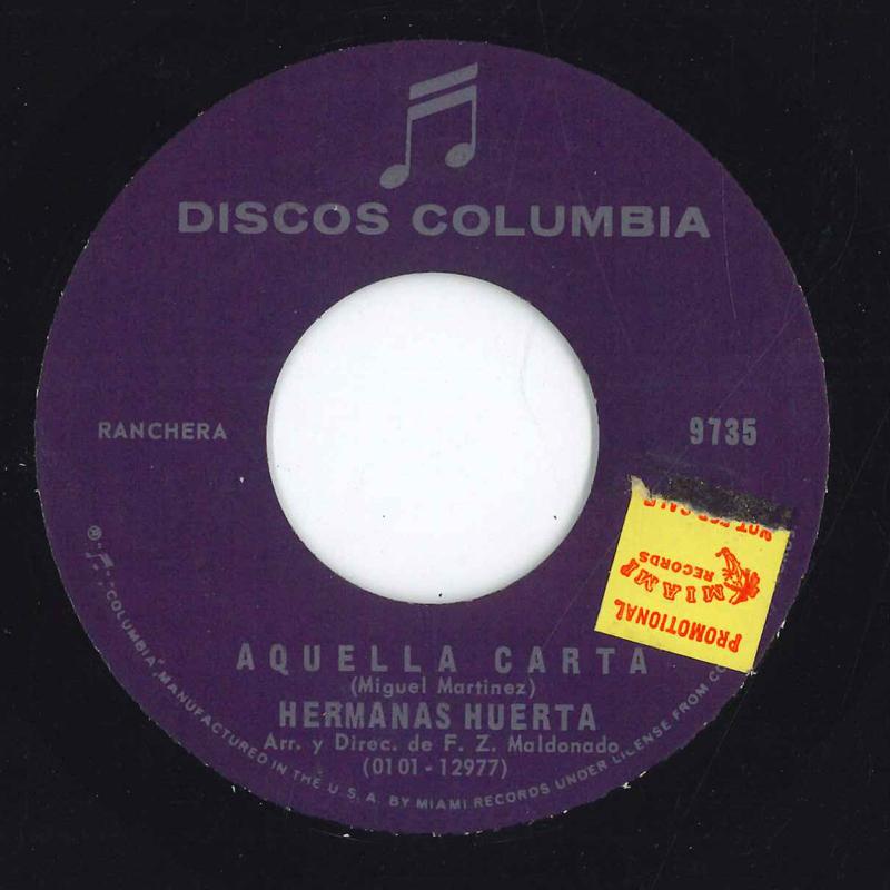 

7inch Record HERMANAS HUERTA - Aquella Carta 9735 DICOS COLUMBIA US Latin Used