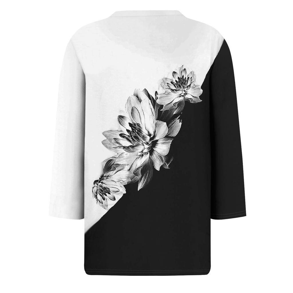 Women's Fashion Casual Round Neck 3/4 Sleeve Loose Printed T-Shirt Ladies Top