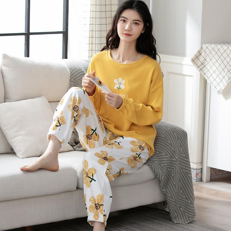 Aifen Teng Women's Pajamas Set: Pure Cotton, Long Sleeve, Long Pants, Casual Home Wear, Suitable for Spring, Autumn, and Winter.