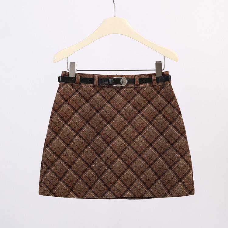 Fei Yuan Women s Red Plaid Wool A-line Skirt with Belt - Short, Anti-exposure, Perfect for Autumn/Winter. M коричневый