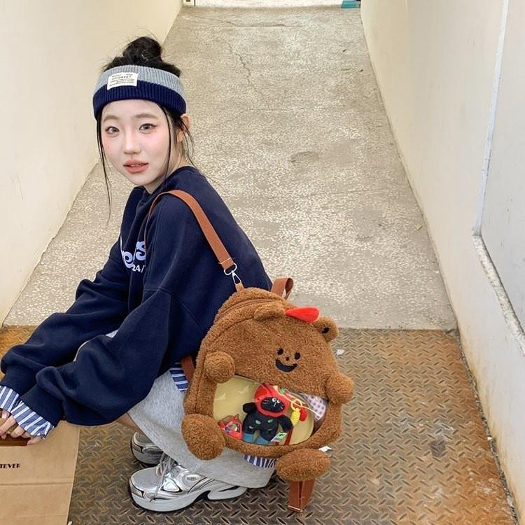 Furry And Cute Bear Plush Backpack With Transparent Layer For Carrying Badges