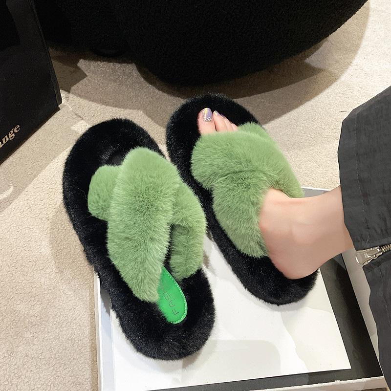 4Cm heel large size fluffy slippers women's 2025 winter new thickened warm non-slip Korean version indoor cotton slippers