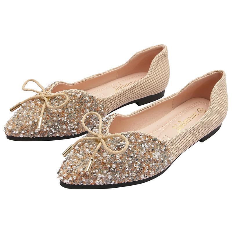 Single Shoes Women's Summer New Versatile Pointed Laden Shoes Flat Sequins Bridesmaid Shoes Fat Feet Large Size Women's Shoes