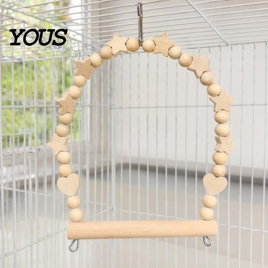Parrot Cage Accessories Swing Perch, Solid Wood Perch Pole, Wooden Blocks And Healthy Bird Toy Beads Arch, Unpainted for Small Medium Parrots with