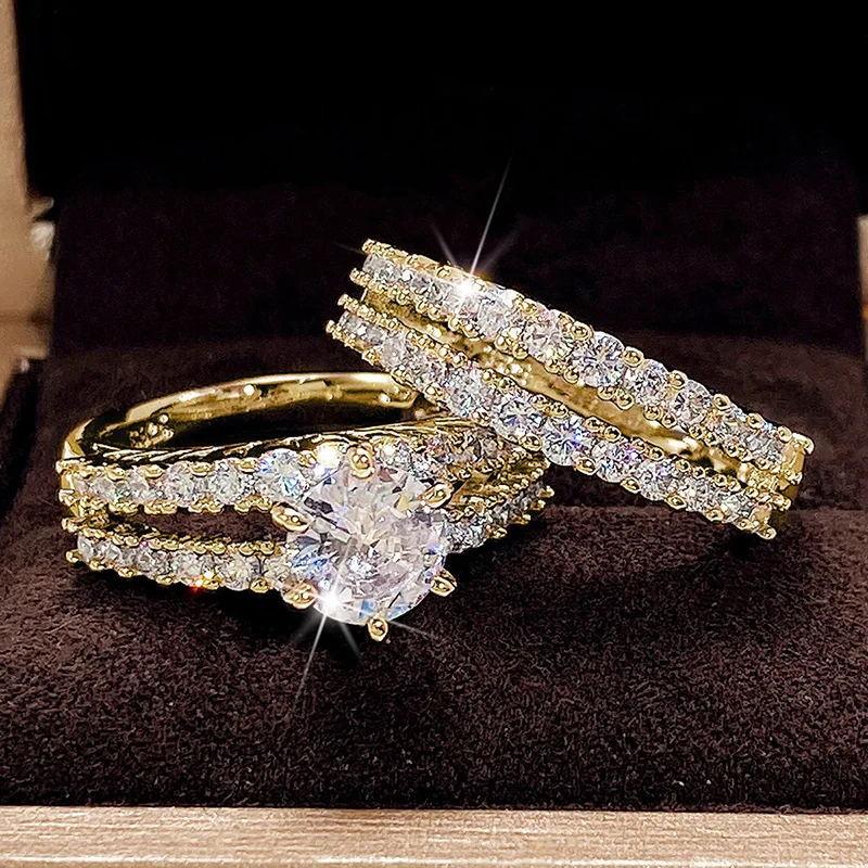 Hollow-Out Double-Layer Zircon Engagement Ring, Diamond Ring, Wedding Dinner, Bridal Ring Jewelry.