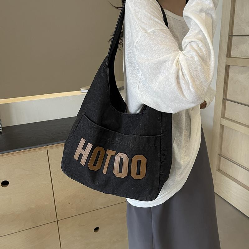 Student Shoulder Bag Letter Print Denim Bag Women's Large Capacity Commuter Tote Bag