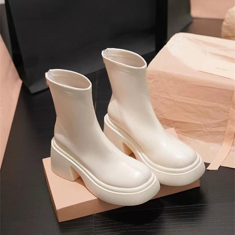 Small Thick High-heeled Short Boots Women's 2025 Autumn and Winter New Waterproof Platform Thick-soled Medium Tube Elastic Boots Thin Knight Boots