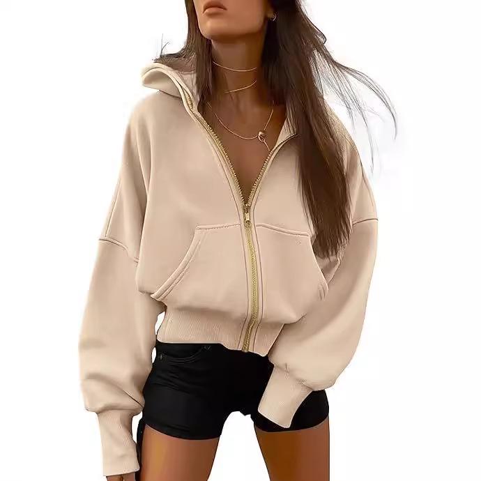 Women's Zip-Up Cropped Fleece Hoodie - 2024 Autumn/Winter Fashion