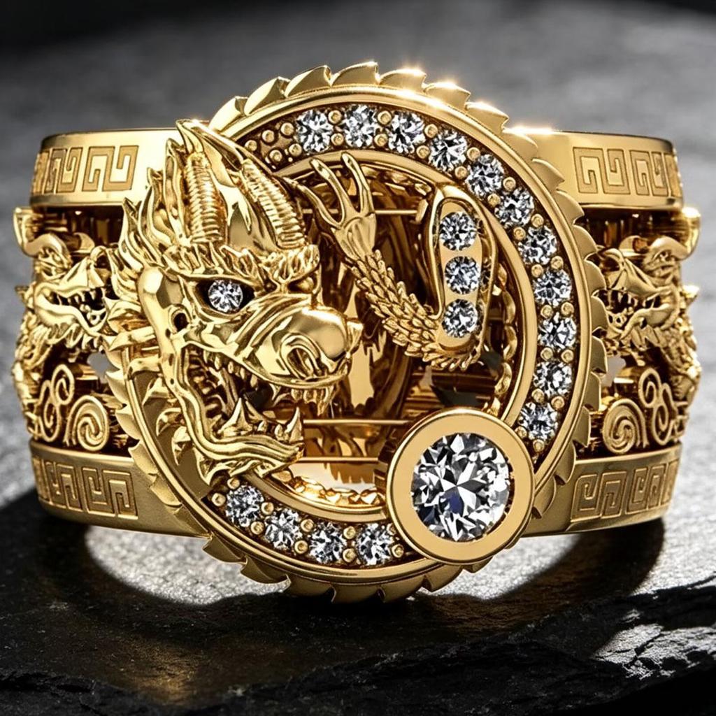 Men's 3D Gold Ring with Diamond-Accented Dragon, Hollow Craft, Retro-Inspired