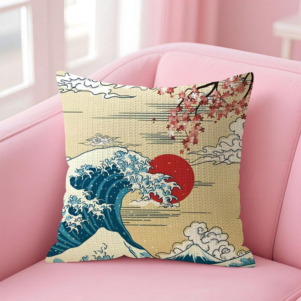 Waves Japanese Style Cushion Cover Natural Linen Pillow Case DoubleSided Print Decorative Sofa Pillowcase Home Decor Gift