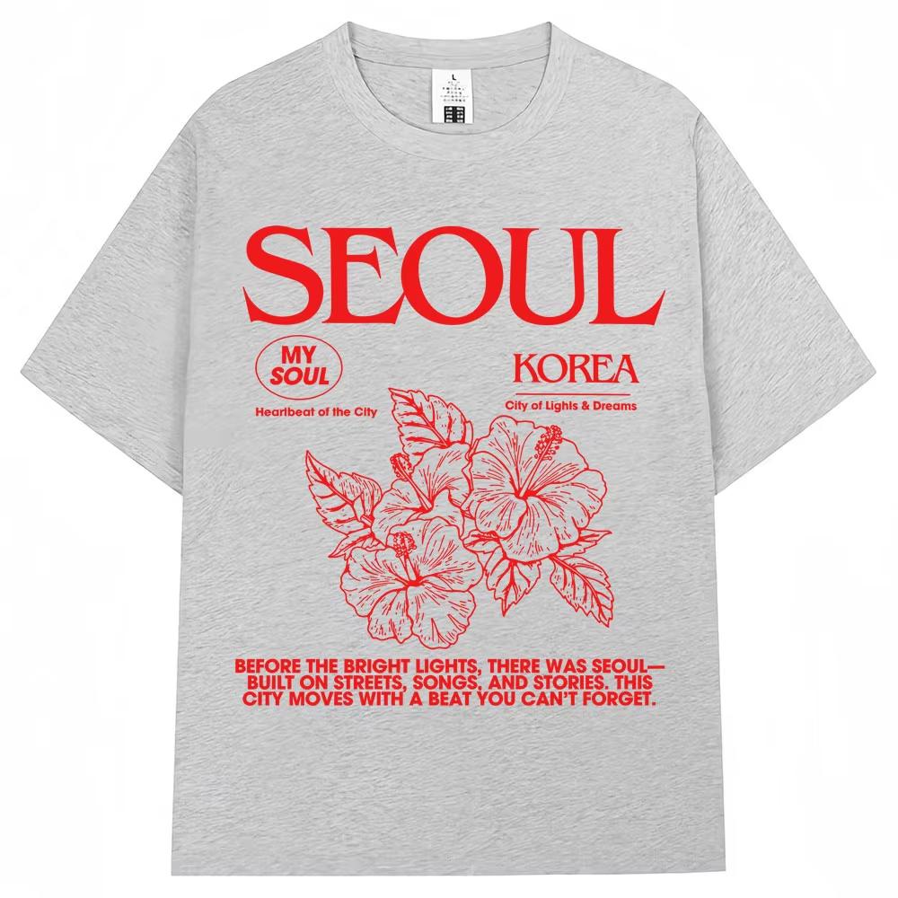 2026 Korean Style Seoul Hibiscus Print Tshirts Men Women Harajuku Fashion Aesthetic T Shirt Cotton Casual Tees Streetwear