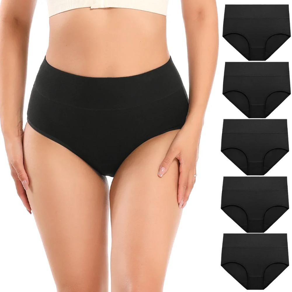 Women Soft Cotton Underwear Comfortable No Muffin Top Briefs Female High Rise Belly Control Panties Sets Black Plus Size