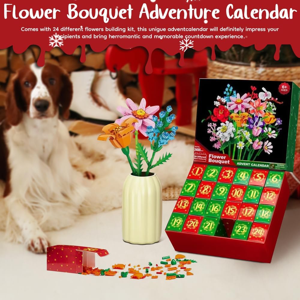 Flower Bouquet Advent Calendar  for Adults Teens Kids 24 Days Christmas Countdown Sunflower Building Blocks Kit Home Decor