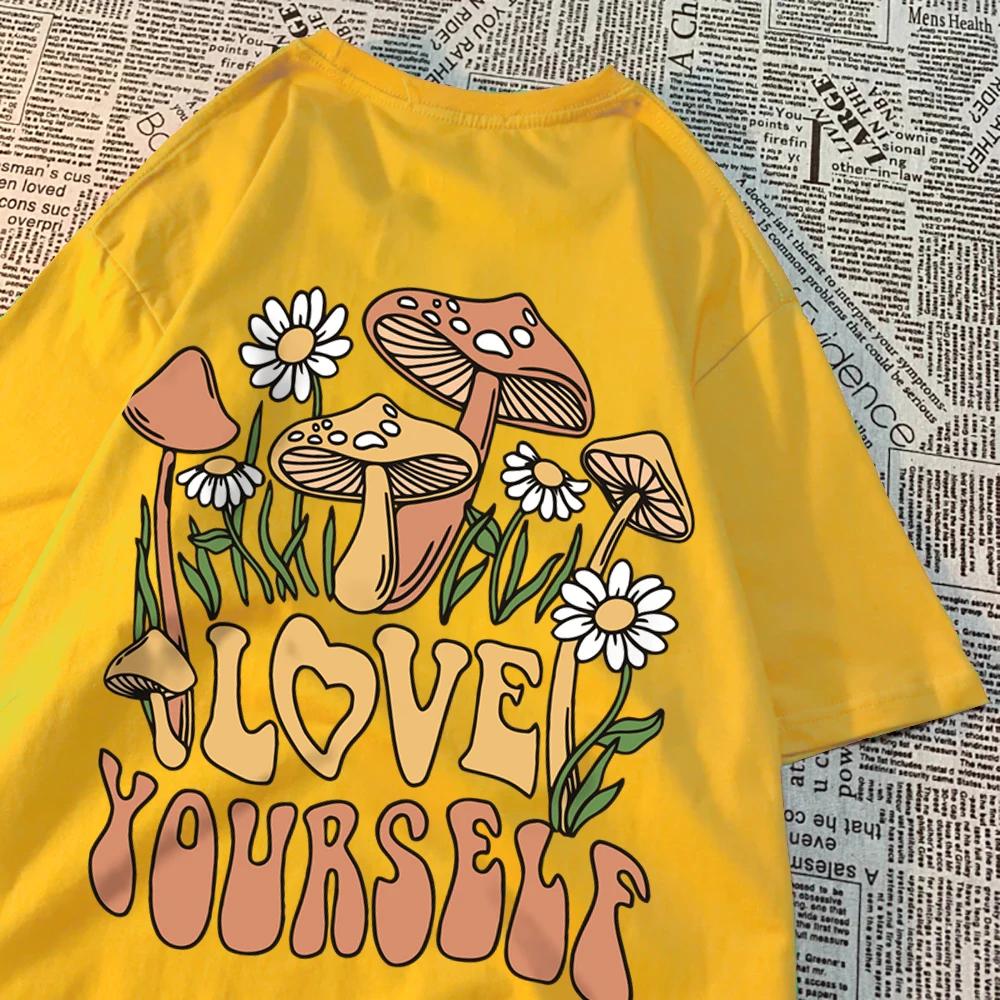 Cottagecore Style Mushroom Love Yourself Mens Tshirt Oversized T-Shirts Oversized Cotton T Shirts Breathable Women Short Sleeve