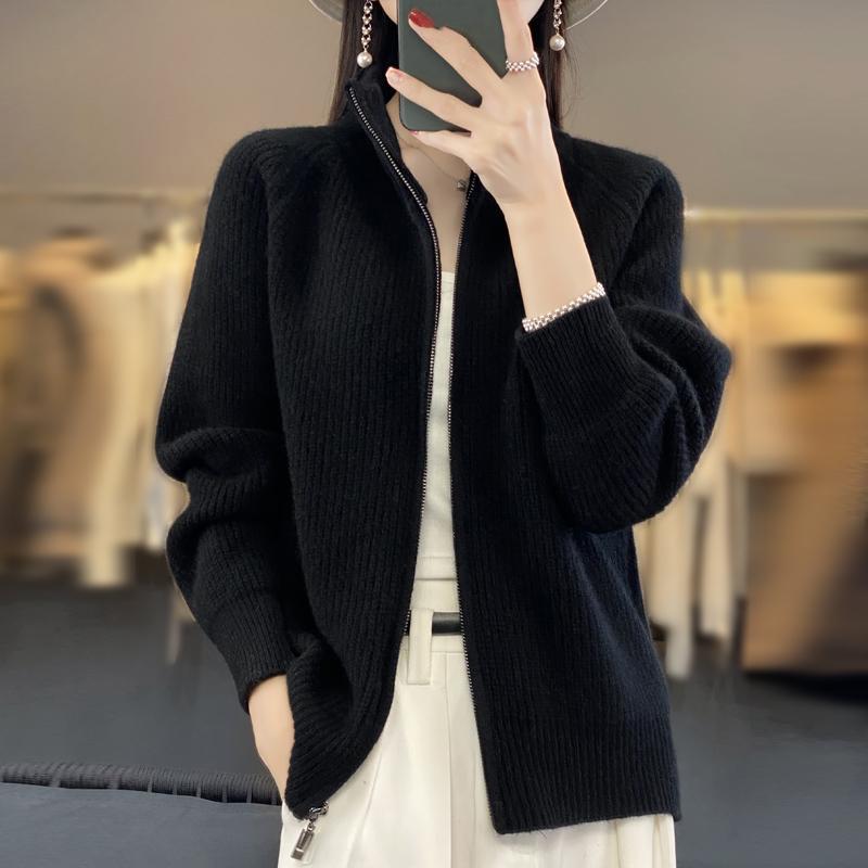 Women Zipper Cardigan Padded Shoulder Stand Collar Women's Cashmere Knitted Coat New Lapel Sweater