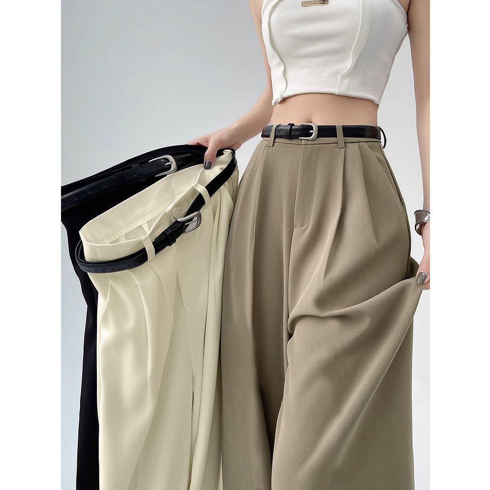 Women s 2026 Casual High-Waisted Wide-Leg Trousers Khaki Short 95cm with Black Belt