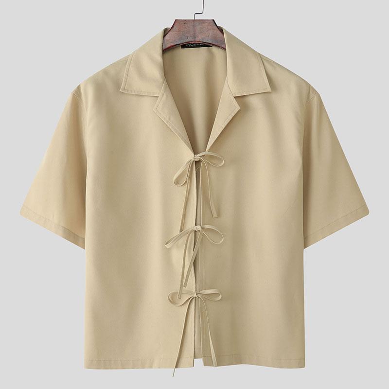 

INCERUN Men Summer Turn-down Collar Short Sleeve Lace-up Casual Shirts XL хаки