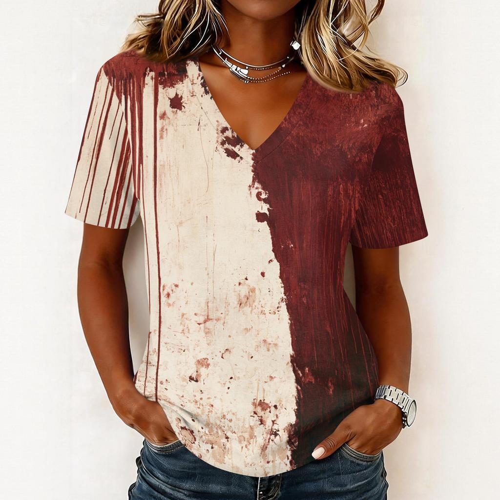 Women's Casual Short Sleeve V Neck Pullover Top Halloween Print Lightweight Loose Fit Tee Shirt
