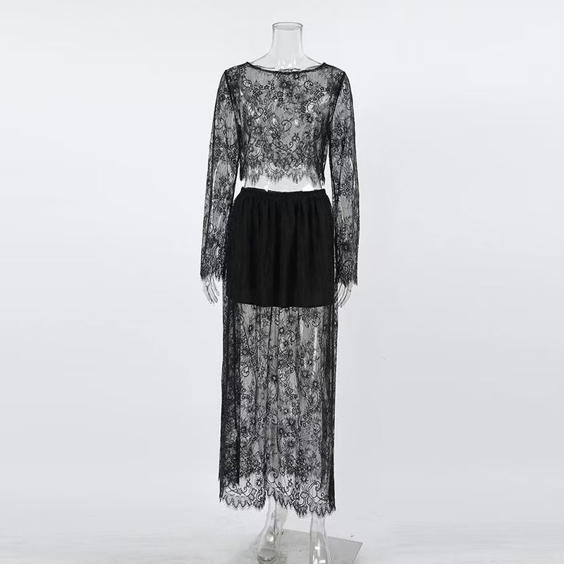 

Fashion Wind Sexy Lace Sheer Top Skirt Suit Sexy Top and Half Skirt Set Black S