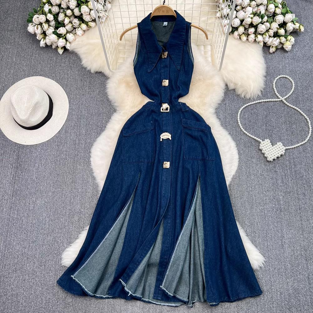 Abito rétro in denim senza maniche a linea ad A con vita cut-out e spacco
