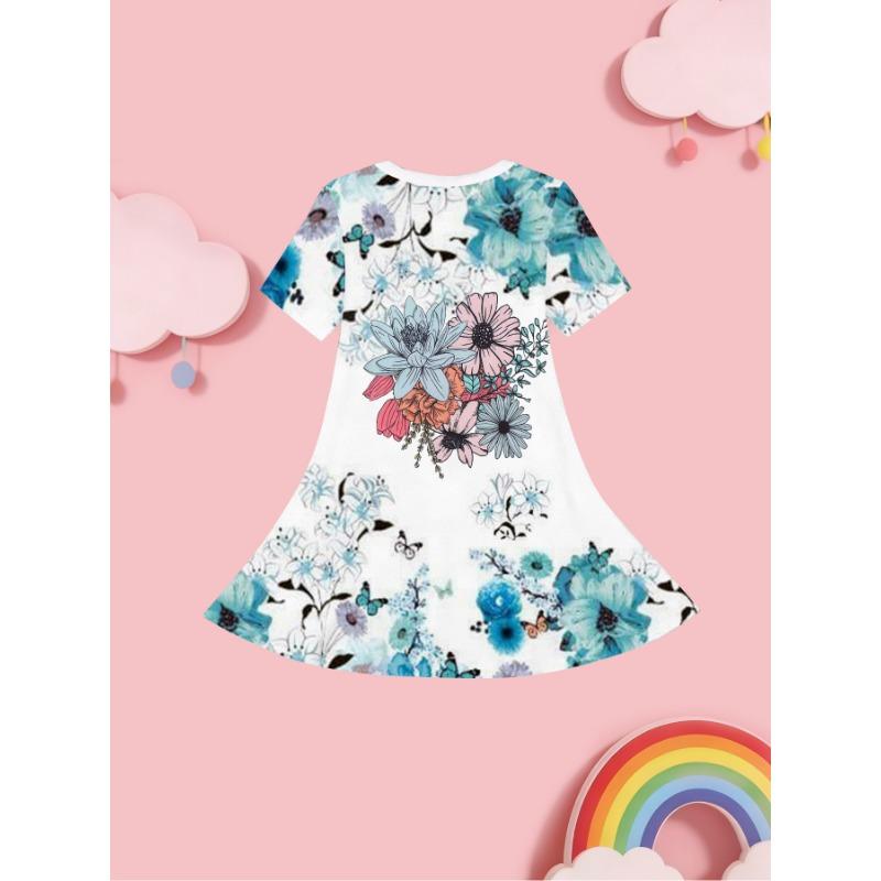 This Summer 3D Printed Short-sleeved Dress for Girls Features A Round Neck,