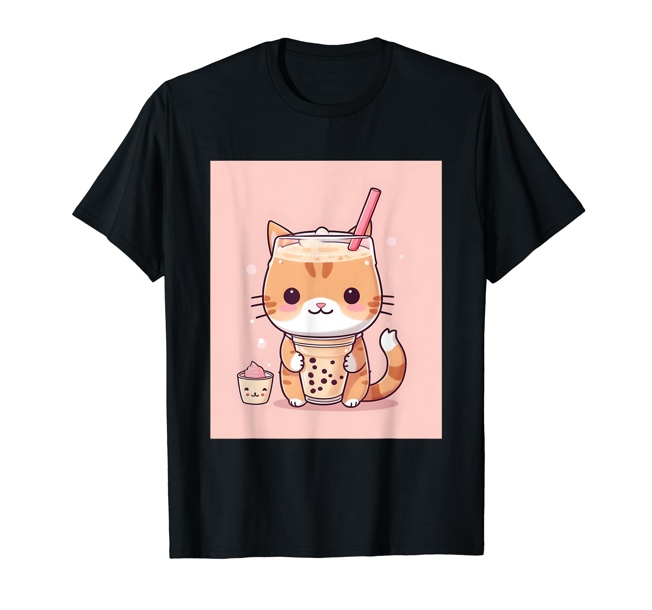 

bubble things printed Kawaii, cat, boba, tea, cute, Japanese, T-shirt чорний