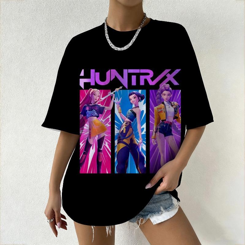 Women's Oversized T-Shirt with KPop Demon Hunters Animated Characters & Derpy Print T-shirt for Casual Daily Wear&K-pop Fans