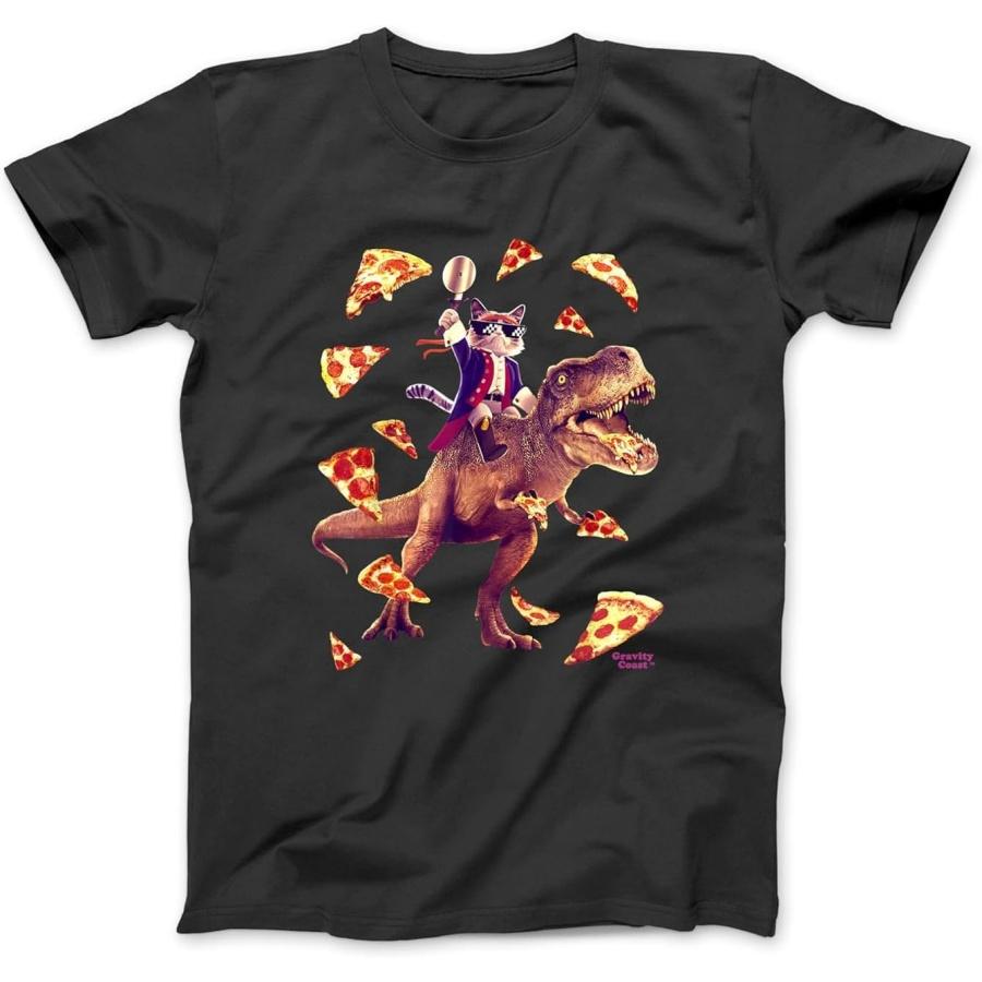 Cat Riding T Rex Shirt, Cat Eating Pizza Shirt, Funny Cat T-Shirt Sweatshirt Hoodie for Men Women Kids Made in Canada Black S