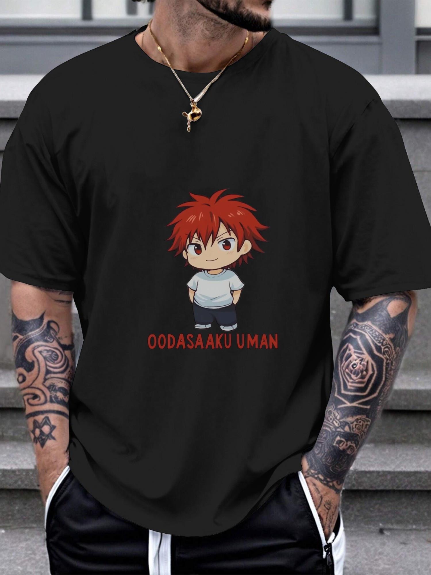 Anime Chibi Character Graphic T-shirt - Black with White & Red Hair Design XXL
