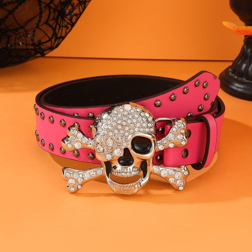

Skeleton Rivet Belt Jeans Decor Pu Waistbands Elegant Rhinestone Skull Belt Female/Girls Style 1