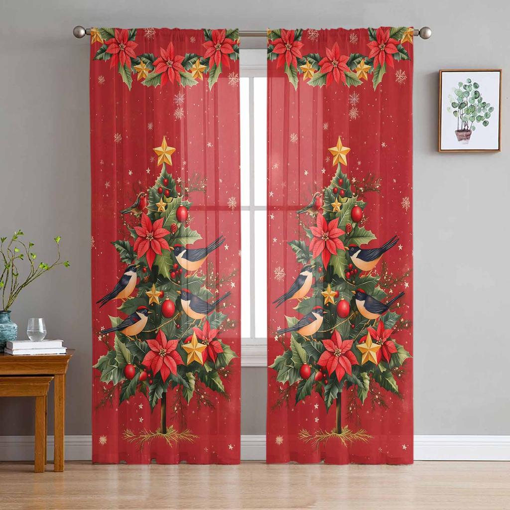 Blue Christmas Tree Christmas Ball Snowflake Sheer Curtains Home Living Room Bedroom Kitchen Window Decor Voile Tulle Curtains