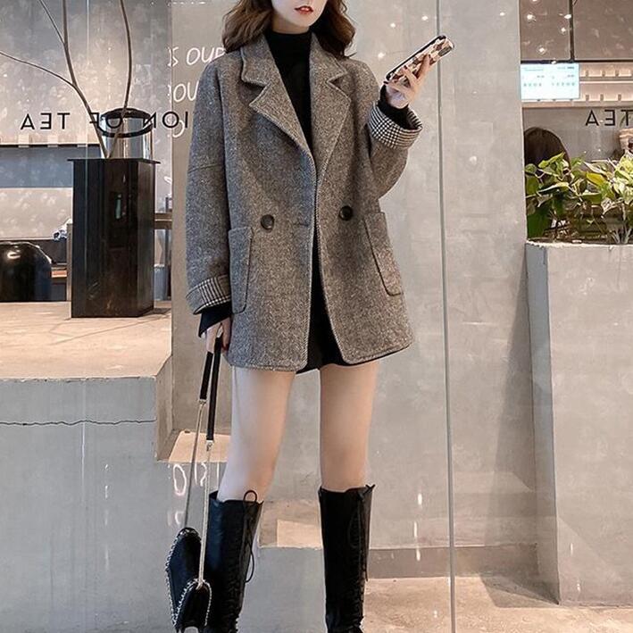 Modischer britischer Wollmantel für Damen, Herbst und Winter, lässig, lockerer Kragen, Tasche, winddichte Jacke