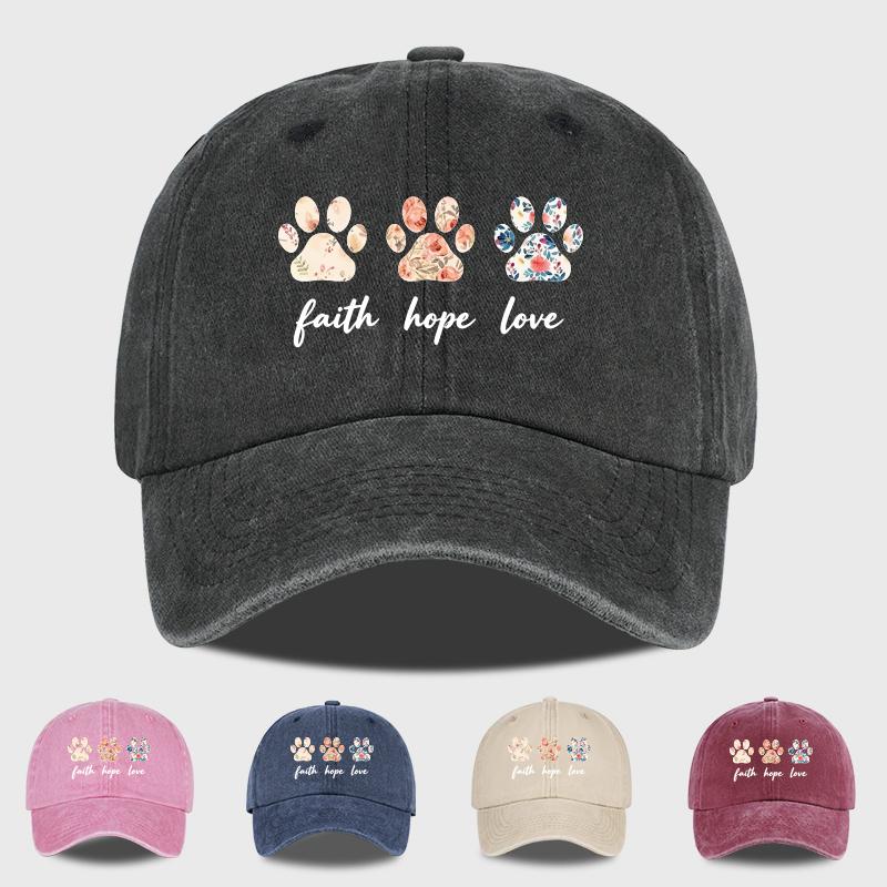 Floral Paw Print Baseball Cap Faith Hope Love Washed Cotton Adjustable Dad Hat Pet Lover Vintage Sun Hat