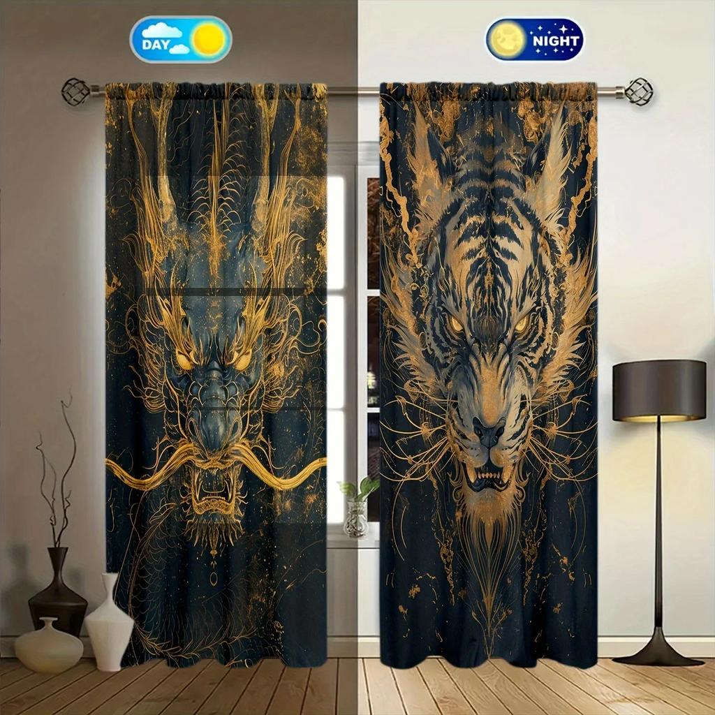 2pcs Dragon Tiger Battle Printed Curtain for Home Decor - Rod Pocket Window Treatment for Bedroom, Office, Kitchen, Living Room