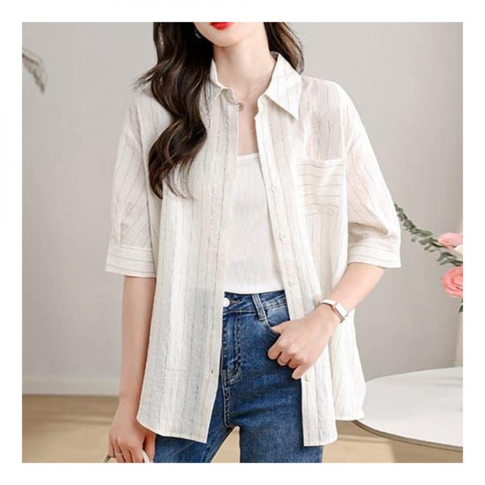 Navava Men S caSual Stripe Thin 5 Point Sleeve Shirt Nb2069