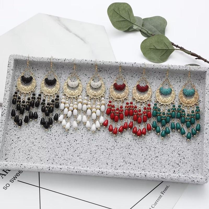 Bohemian Antique Gold Color Long Water Drop Tassel Earrings for Women Vintage Colorful Geometric Drop Dangle Earrings