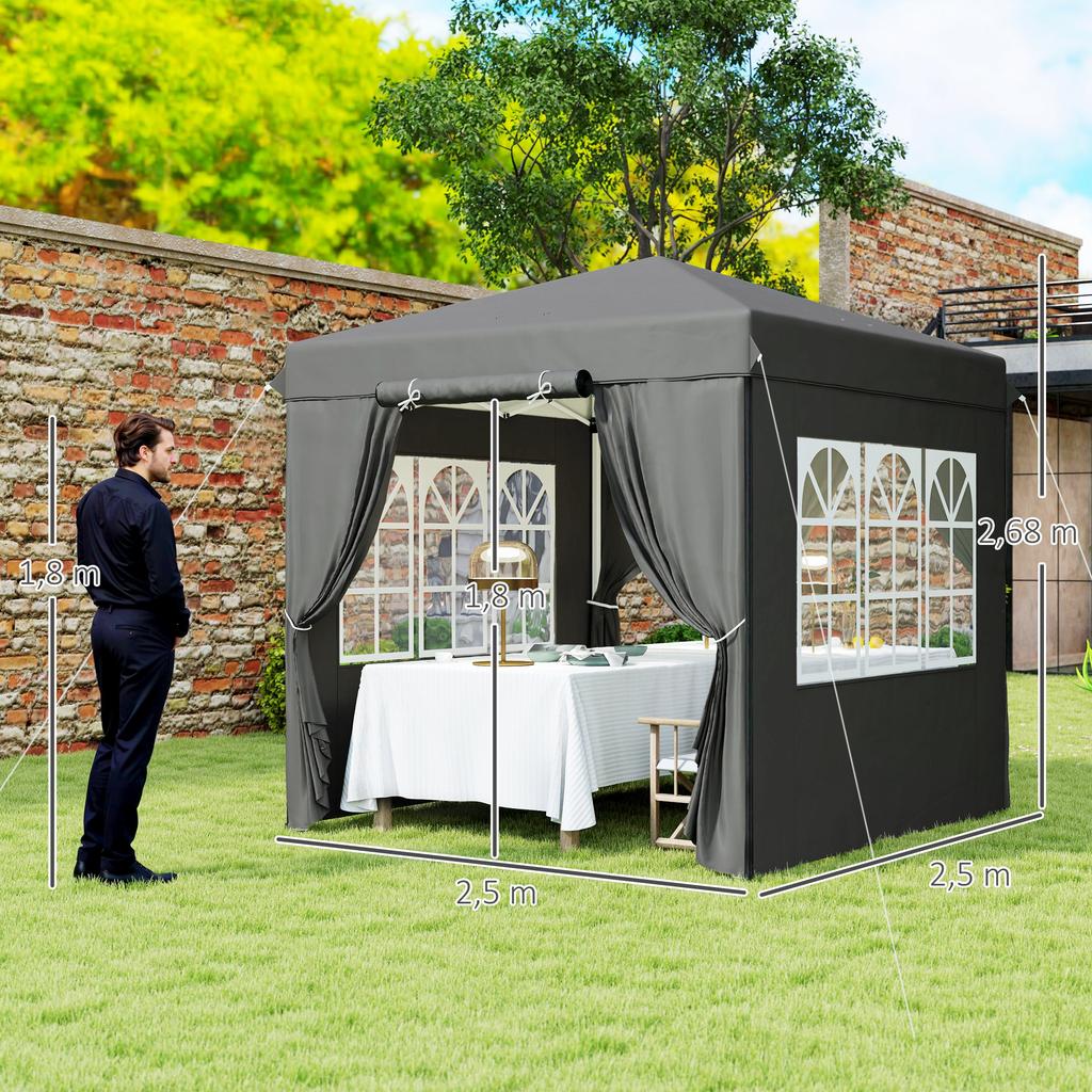 Gazebo Pop-Up 2,5 x 2,5 m con Pareti Laterali e Borsa per il Trasporto, Tenda da Giardino UPF50+ Regolabile in Altezza, Grigio Scuro